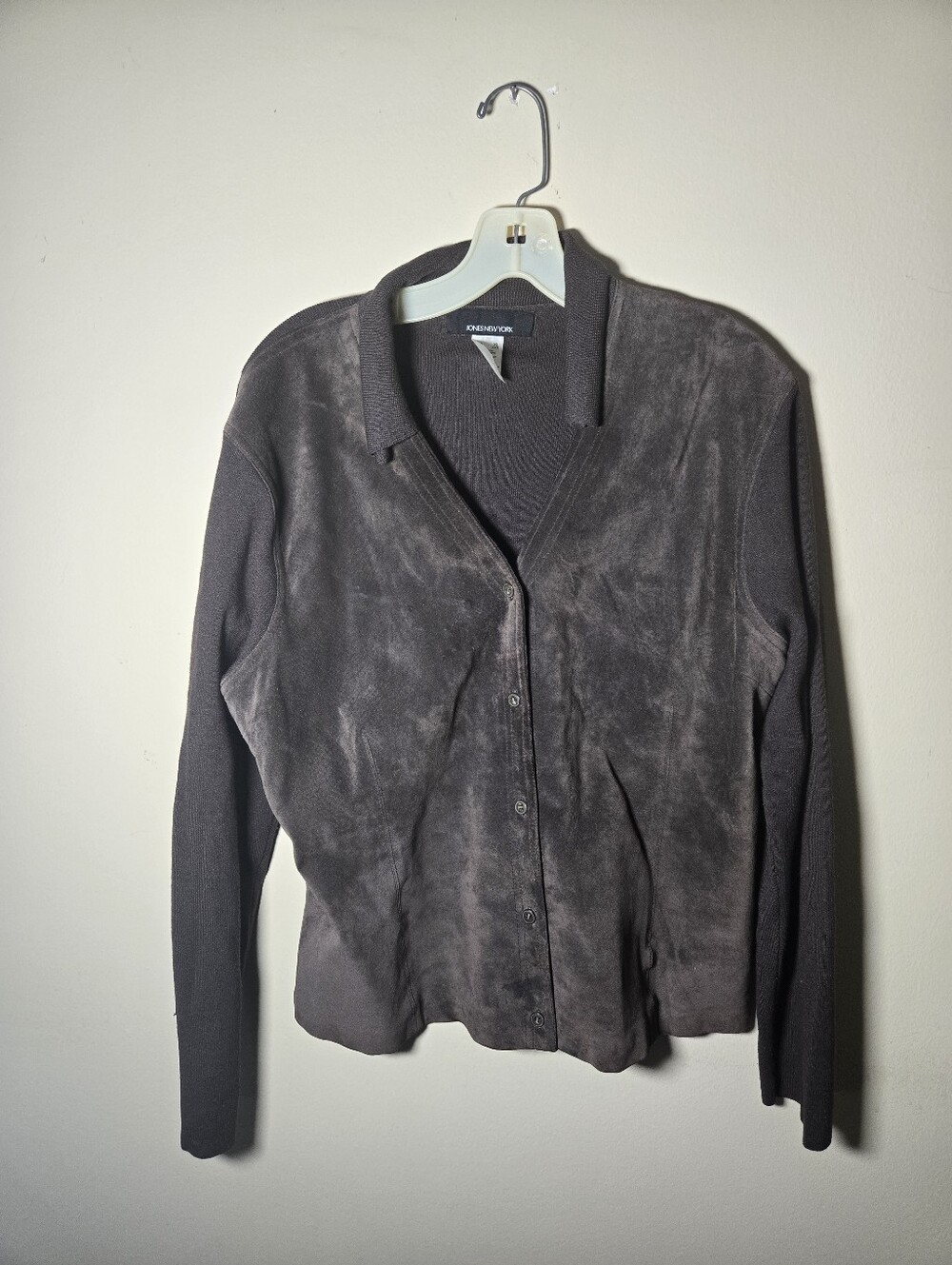 Jones New York Suede Knit Cardigan Women XL Brown Excellent Mixed Media Leather